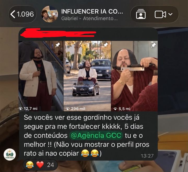 Print de aluno com vídeos de 12,7 milhões, 296 mil e 5,5 milhões de visualizações